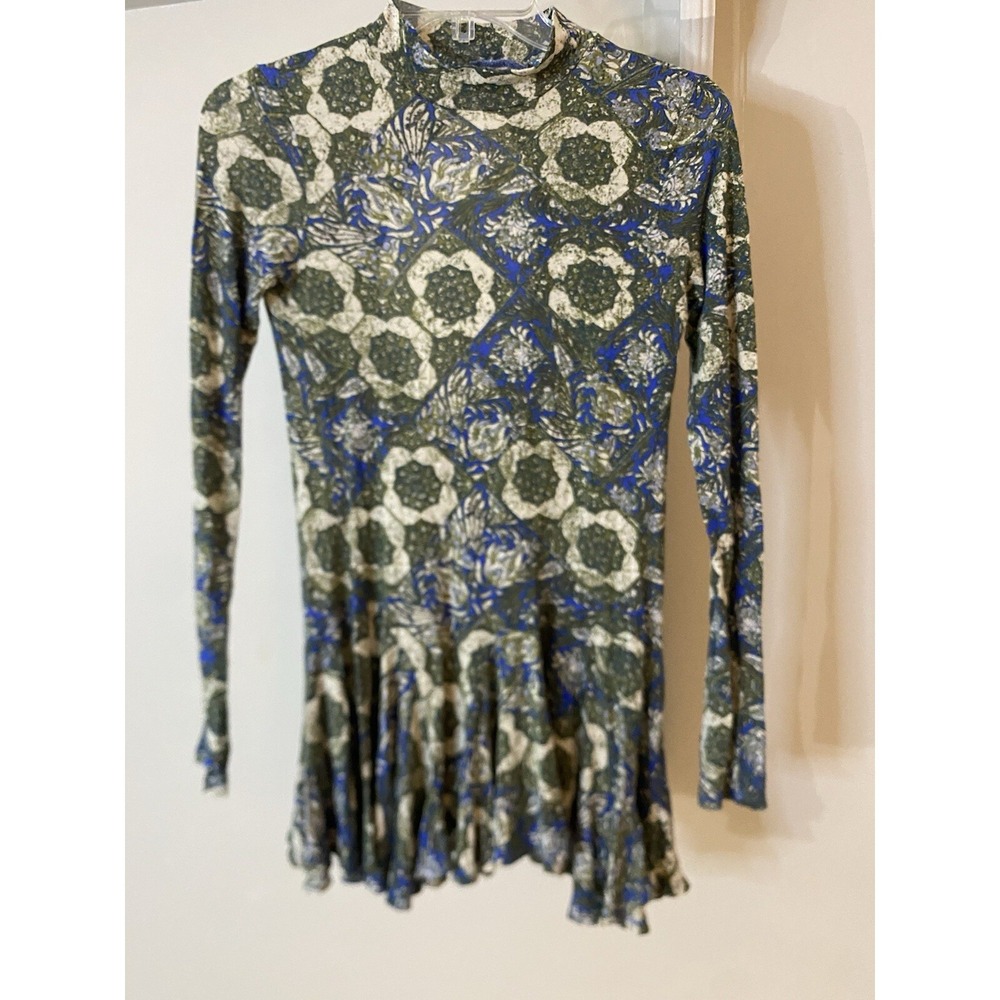 FREE PEOPLE Blue &‎ Green Floral Mock Neck Ruffle Top XS Long Sleeve Boho